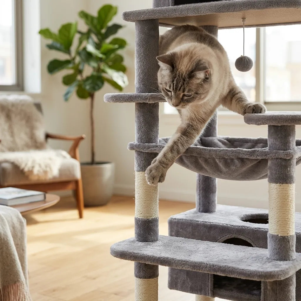 Un chat qui joue dans un arbre a chat gris