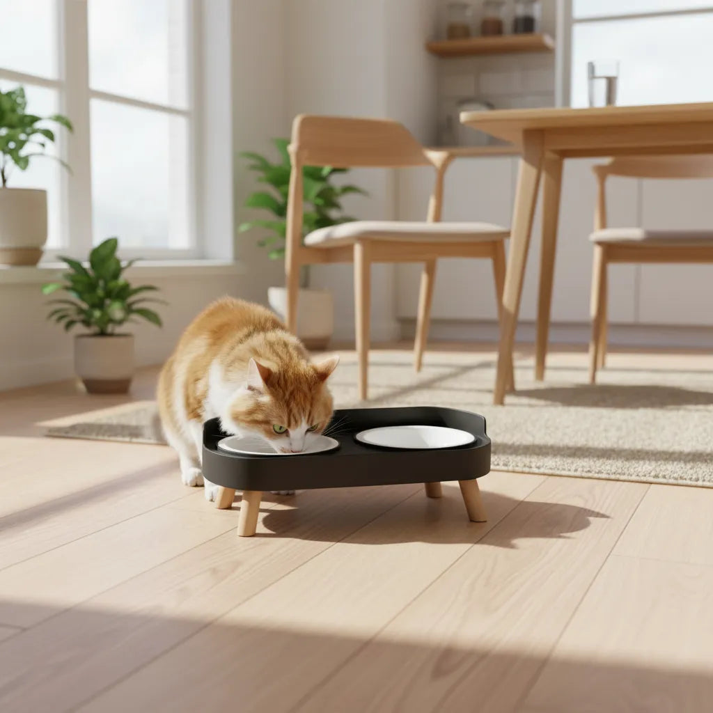 Chat mangeant dans une gamelle sur support dans une cuisine