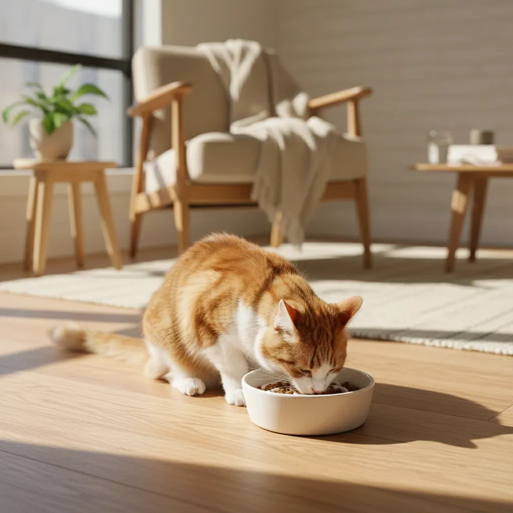 Chat mangeant dans une gamelle anti-glouton dans une cuisine