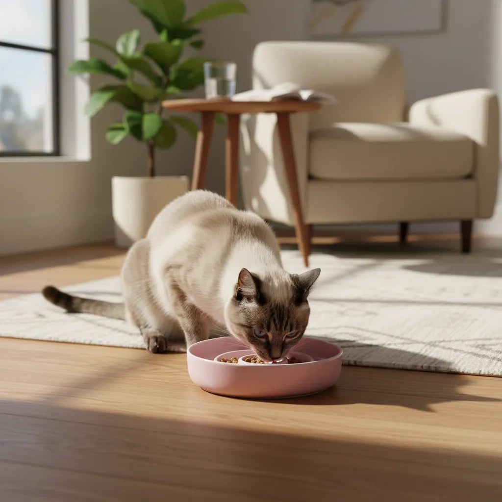 Chat mangeant dans une gamelle spirale dans une cuisine