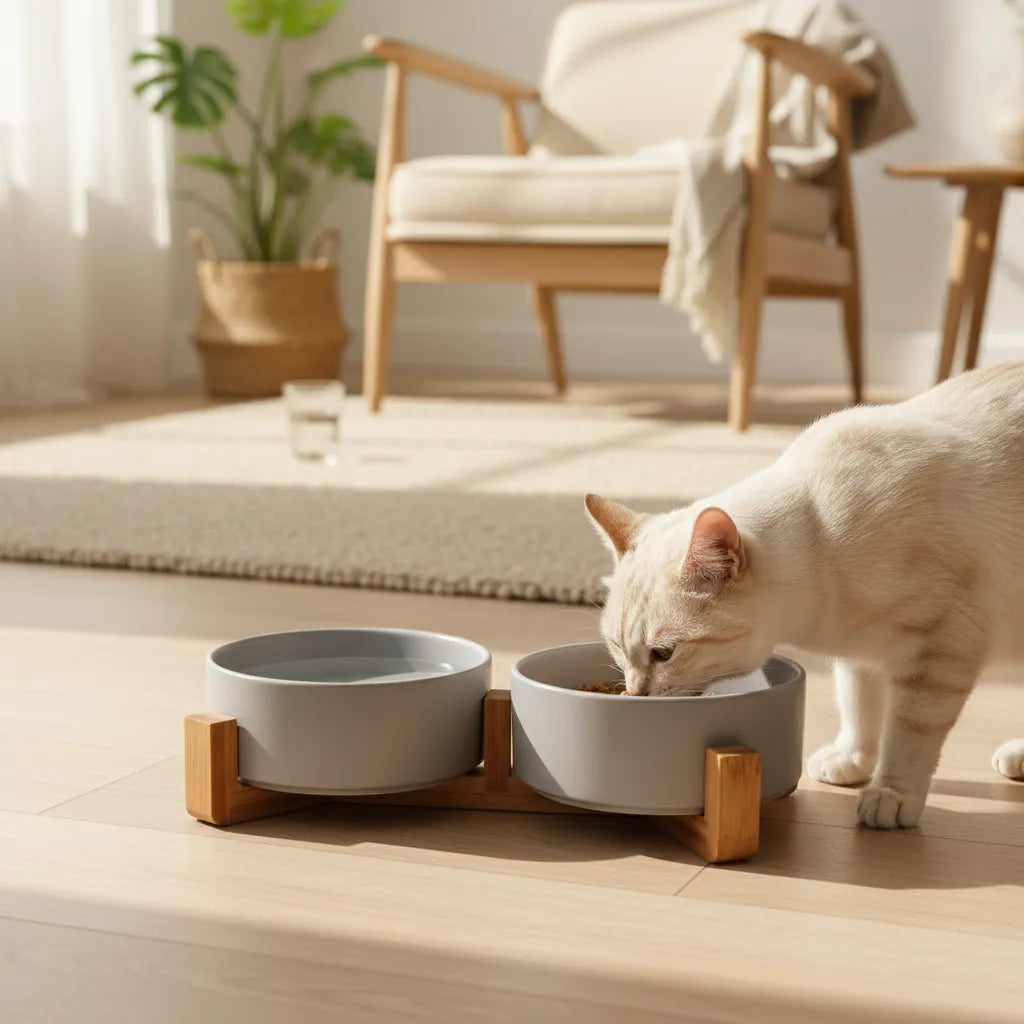 Chat mangeant dans une gamelle en céramique dans une cuisine
