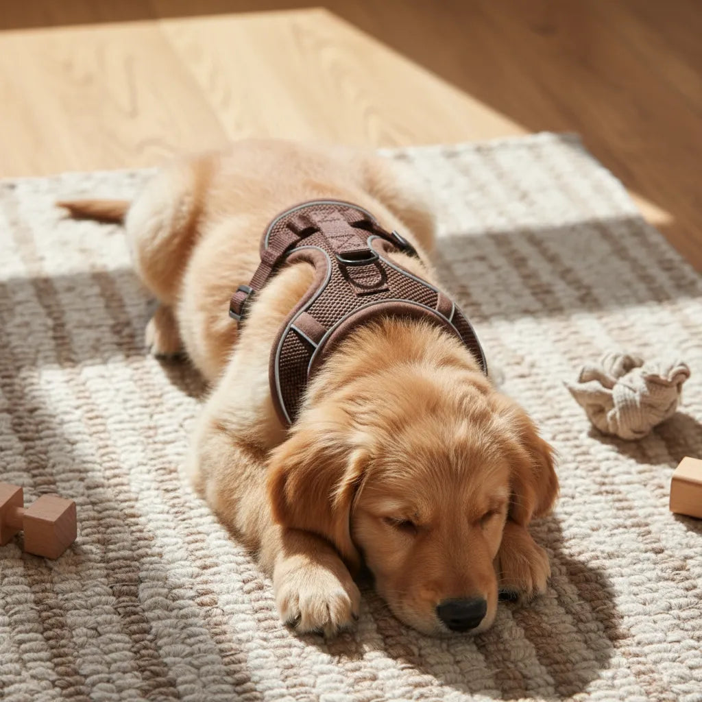 Chien avec un harnais marron