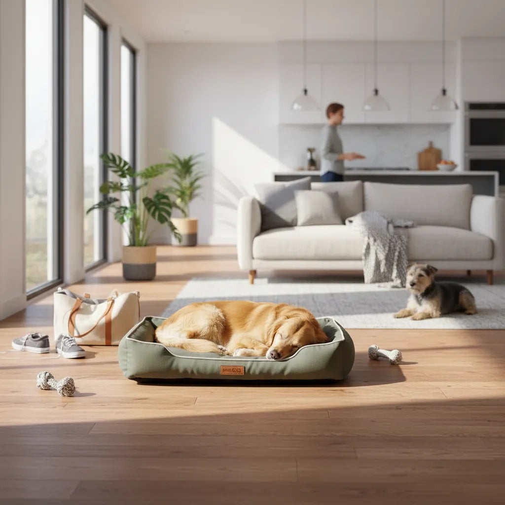 Chien dormant dans un panier vert pour chien dans un intérieur