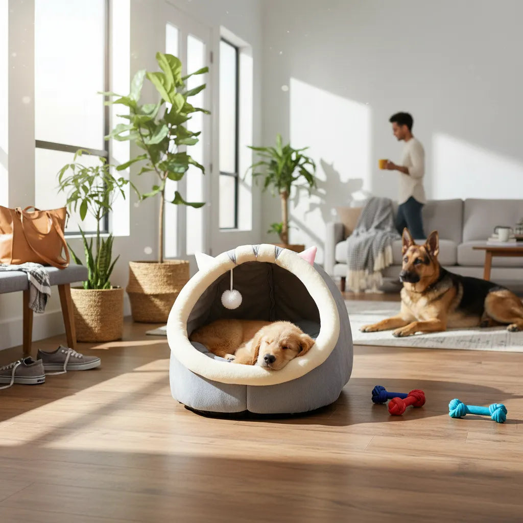Chien dormant dans un panier pour chien dans un intérieur