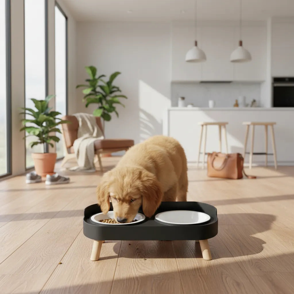 Chien mangeant dans une gamelle sur support dans une cuisine