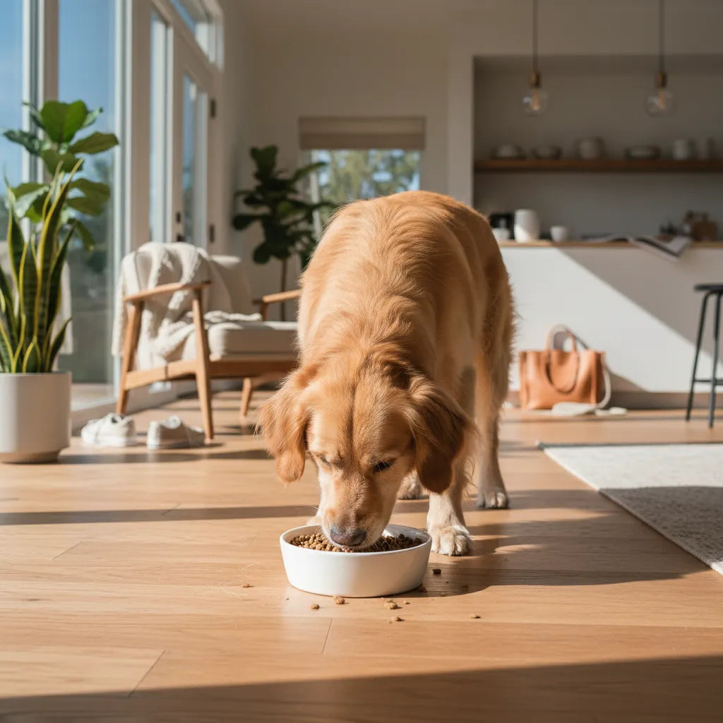 Chien mangeant dans une gamelle anti-glouton dans une cuisine