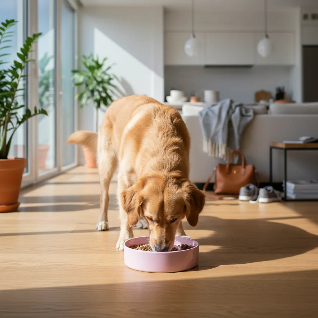 Chien mangeant dans une gamelle spirale dans une cuisine