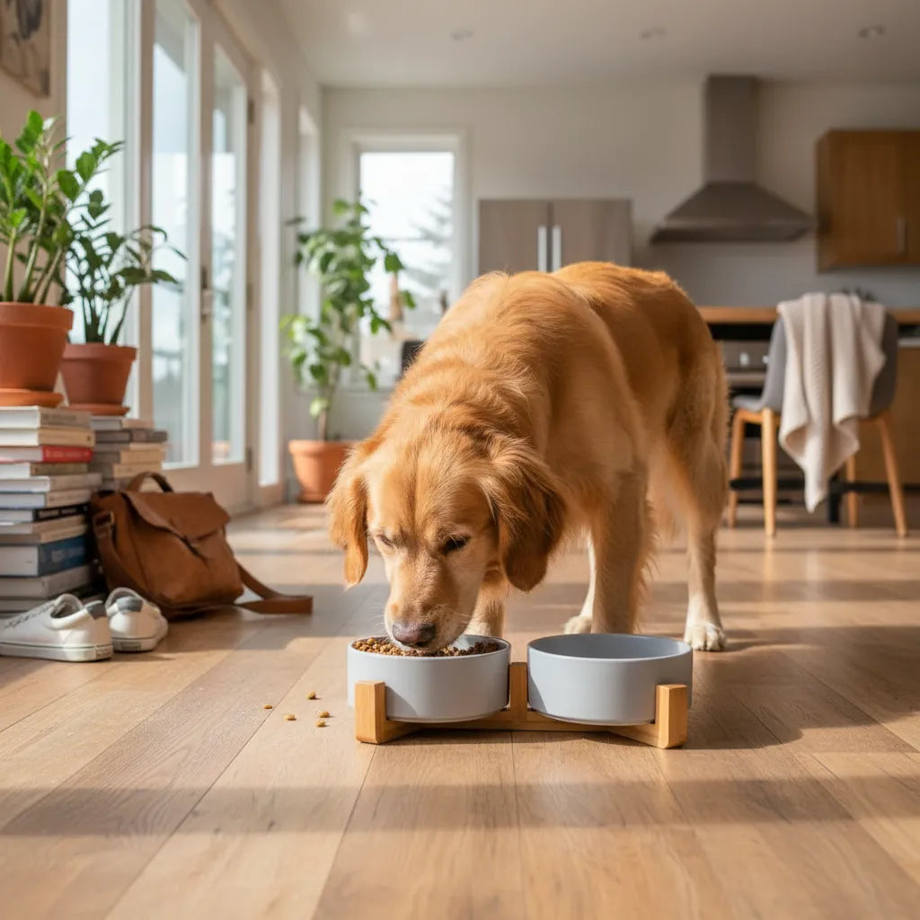 Chien mangeant dans une gamelle avec du bois dans une cuisine