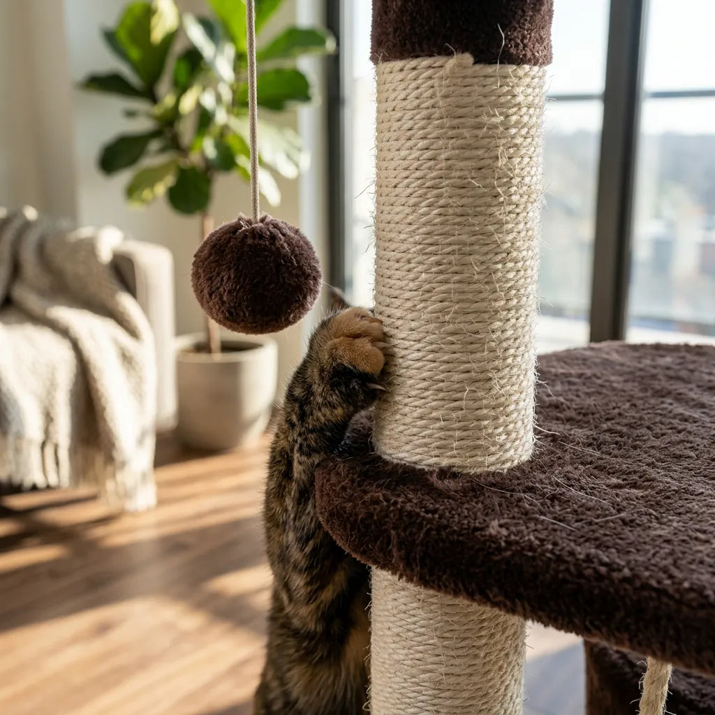 Un chat qui joue dans un arbre a chat marron